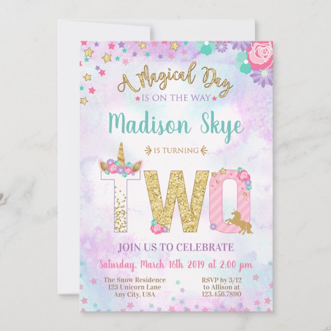Invitation Unicorn Deuxième anniversaire Magique Jour Invitat (Devant)