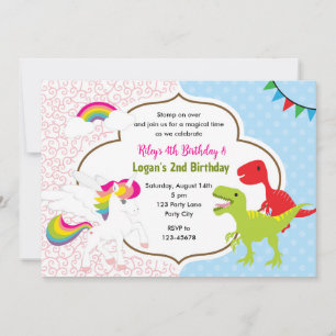 Invitation Unicorn & Dinosaur Joint Boy Girl Birthday Invitat