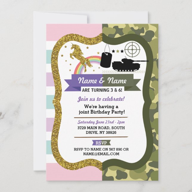 Invitation Unicorn et armée Joint Boy Girl Anniversaire Milit (Devant)