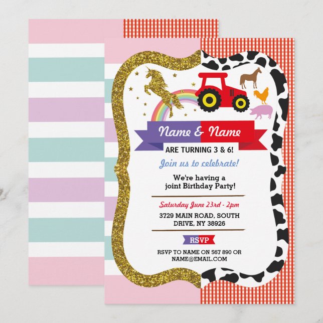 Invitation Unicorn et ferme mixte garçon fille anniversaire f (Devant / Derrière)