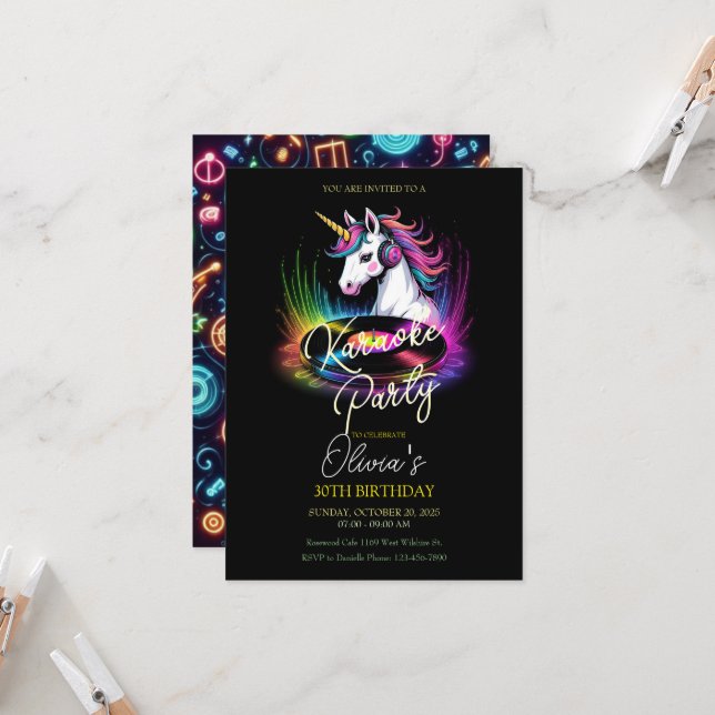 Invitation Unicorn et Vinyl Karaoke fête d'anniversaire (Devant/Arrière en situation)
