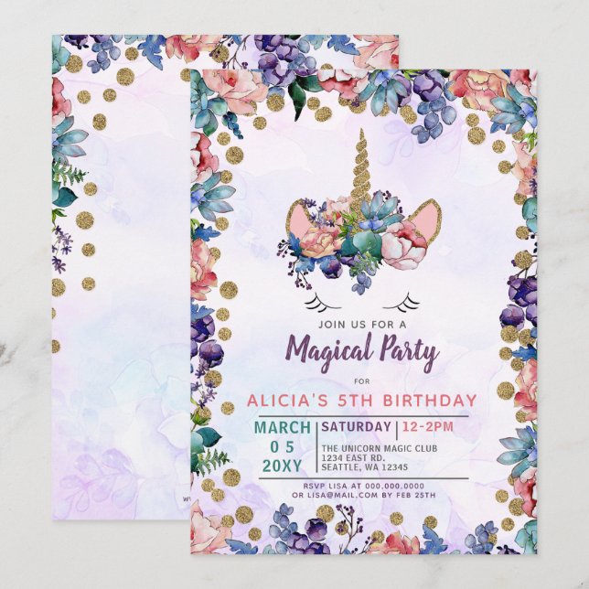Invitation Unicorn Face Parties scintillant Floral Anniversai (Devant / Derrière)