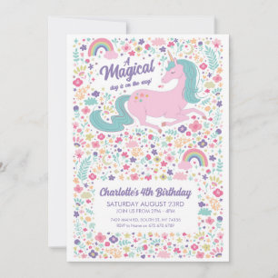 Invitation Unicorn fête d'anniversaire Floral Rose Girls