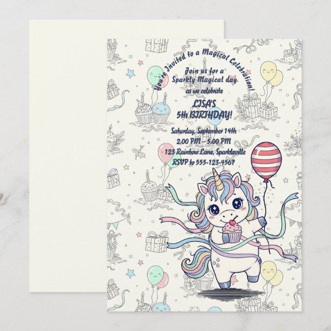 Invitation Unicorn Fête magique Anniversaire (Devant / Derrière)