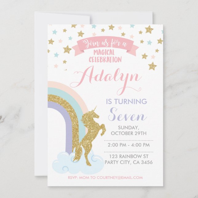 Invitation Unicorn, Fête Magique d'Anniversaire (Devant)