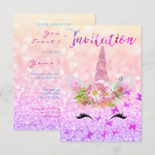 Invitation Unicorn fille Rose rose Parties scintillant Lashes (Devant / Derrière)