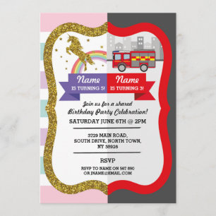 Invitation Unicorn Firetruck Boy Girl Birthday Shared Fun