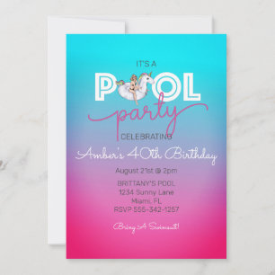 Invitation Unicorn Float Summer Pool 40th Birthday Party