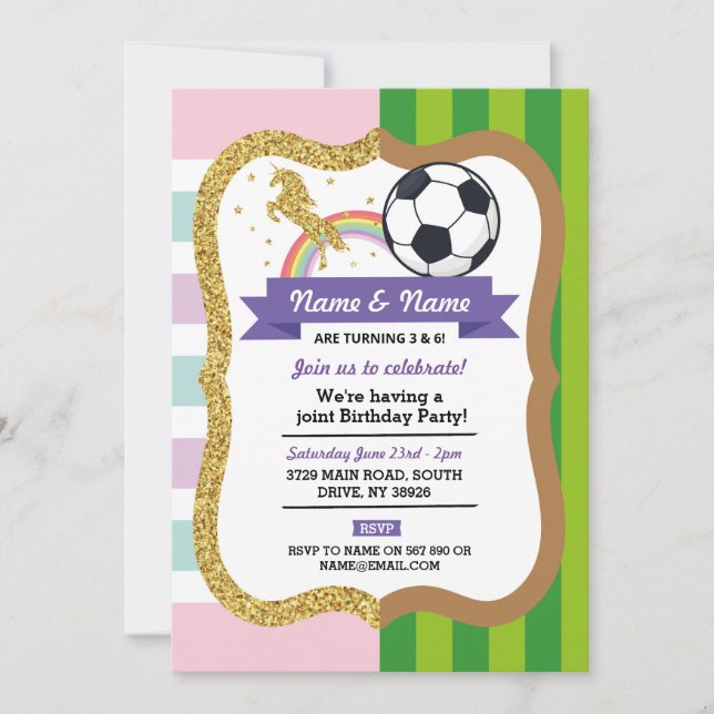 Invitation Unicorn & Football Jumelé Anniversaire Girl Boy Sp (Devant)