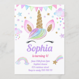 Invitation Unicorn Girl Magique Pastel Rainbow rose Anniversa