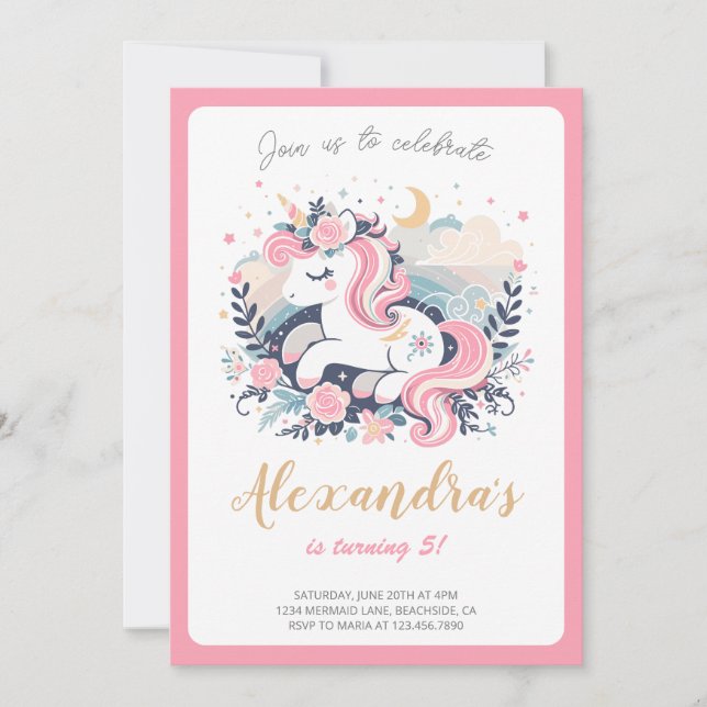 Invitation Unicorn Girl Magique Pastel rose fête d'anniversai (Devant)