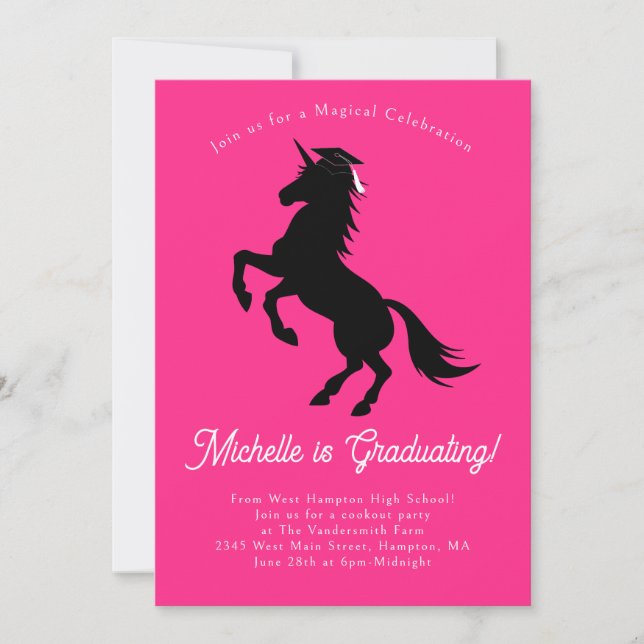 Invitation Unicorn Graduation Party rose et noir (Devant)