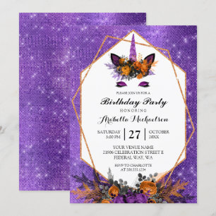 Invitation Unicorn Halloween Floral Purple Éperche Anniversai