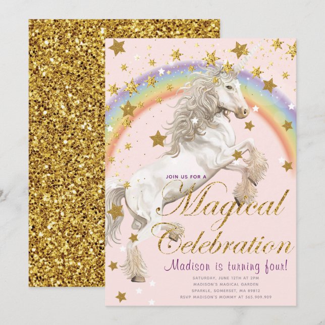 Invitation Unicorn Illustration Party Anniversaire magique (Devant / Derrière)
