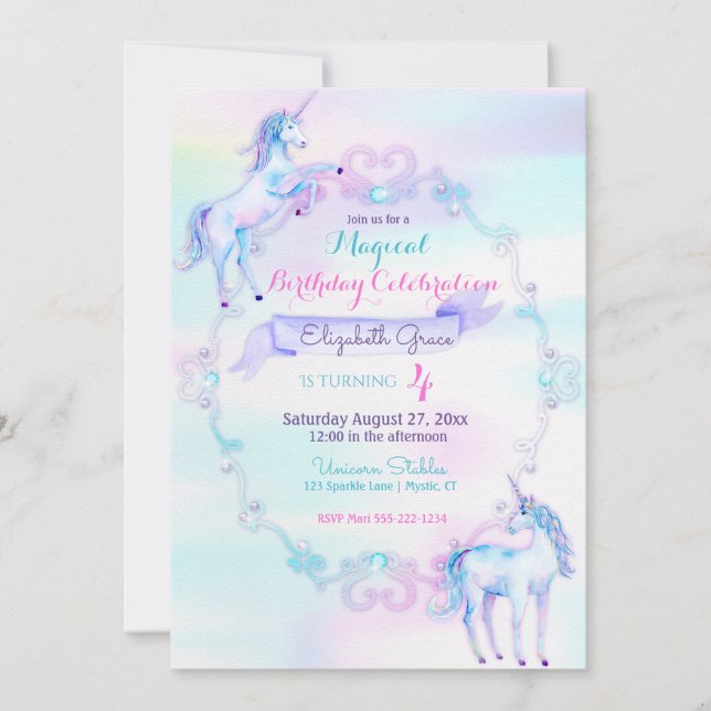Invitation Unicorn Imaginaire magique Rainbow Aqua rose Lavan (Devant)