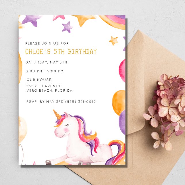 Invitation Unicorn Kids Girl 5e fête d'anniversaire (Unicorn Kids Girl 5th Birthday Party Invitation)