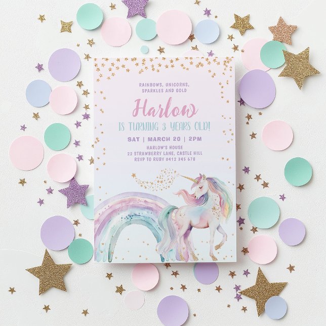 Invitation Unicorn Kids Pastel Rainbow Anniversaire (Pastel Rainbow Unicorn Kid's Birthday Invitation in pink, purple, gold tones)