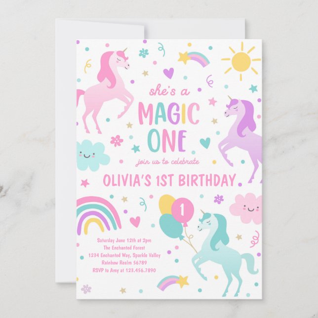 Invitation Unicorn Magic One Pastel Rainbow 1er anniversaire (Devant)