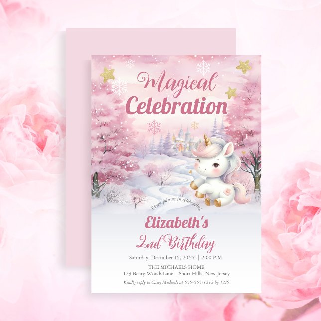 Invitation Unicorn Magical Celebration 2nd Birthday Party (Unicorn Pink Magical Celebration Mythical Creature Girl's 2nd Birthday Party Invitation)