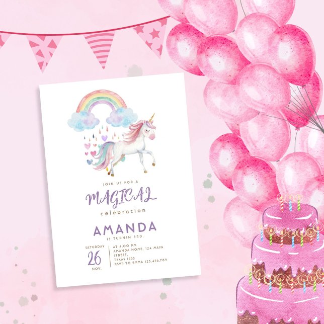 Invitation Unicorn Magique Arc-en-ciel Aquarelle Anniversaire (Créateur téléchargé)