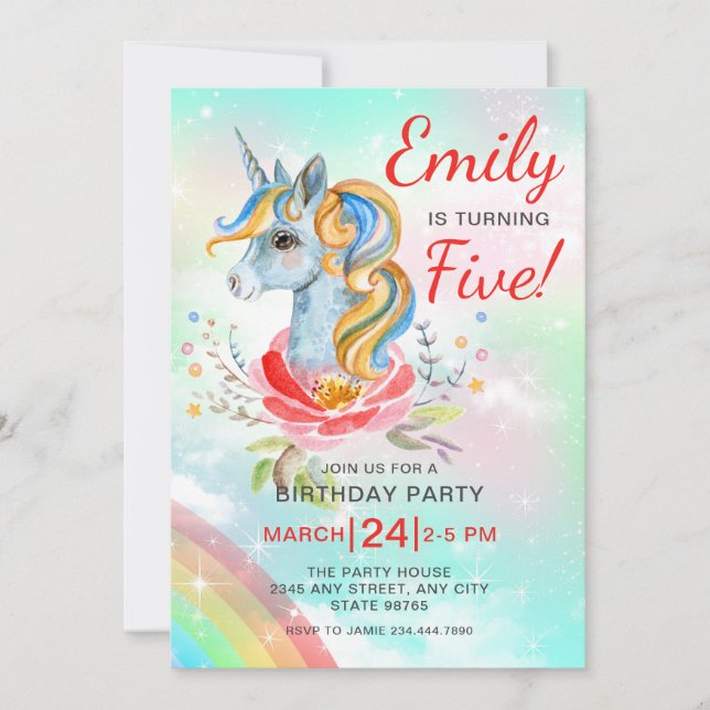 Invitation Unicorn Magique Arc-en-ciel cinquième anniversaire (Devant)