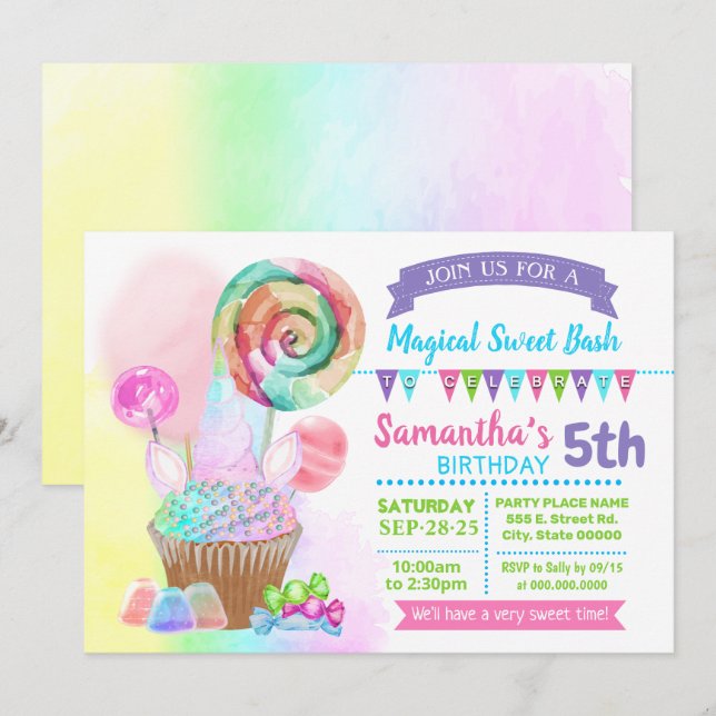 Invitation Unicorn magique bonbon d'anniversaire doux pastel (Devant / Derrière)