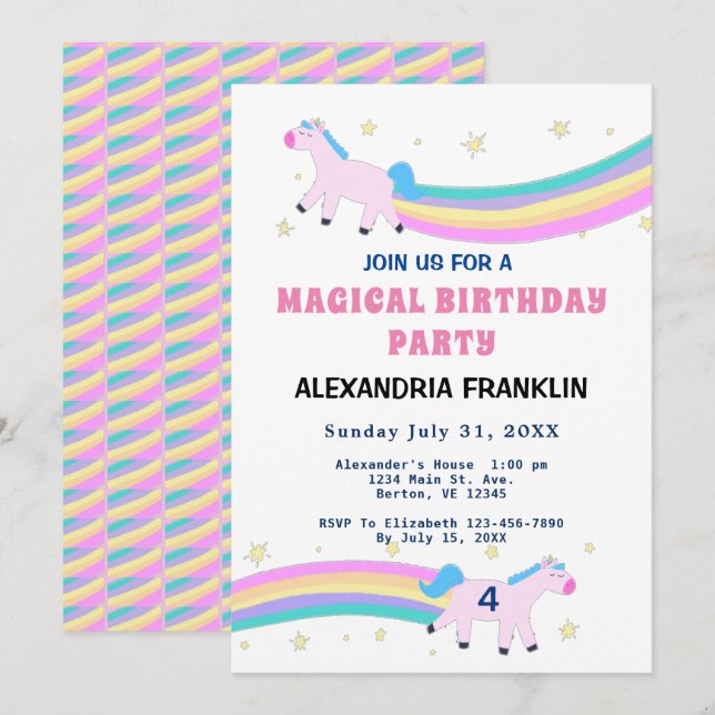 Invitation Unicorn Magique fête d'anniversaire Rainbow (Devant / Derrière)