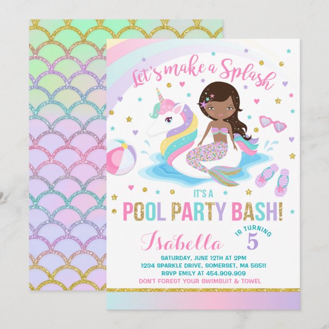 Invitation Unicorn & Mermaid Pool Party Anniversaire Invitati (Devant / Derrière)