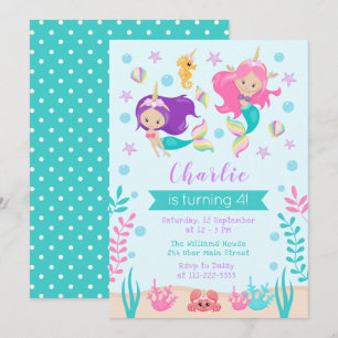 Invitation Unicorn Mermaids Anniversaire Peau claire Tone