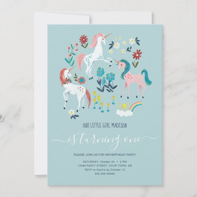 Invitation Unicorn mignon fille magique fête de premier anniv (Devant)