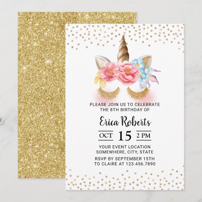 Invitation Unicorn Modern Gold Parties scintillant 8e anniver (Devant / Derrière)
