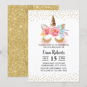 Invitation Unicorn Modern Gold Parties scintillant 8e anniver