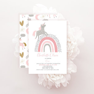 Invitation Unicorn moderne arc-en-ciel Muet rose 1er annivers