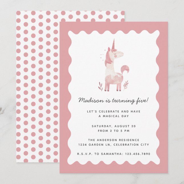 Invitation Unicorn Moderne Magique Rose Wavy Frame Anniversai (Devant / Derrière)