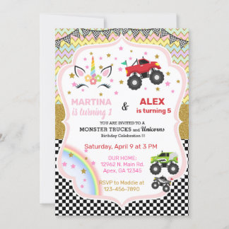 Invitation Unicorn & monster trucks frères et soeurs invitati