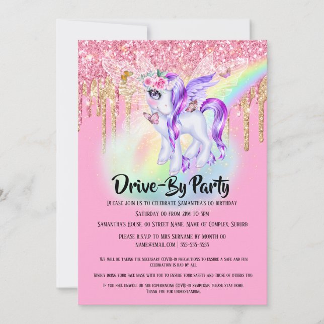 Invitation Unicorn parties scintillant fée rose violet arc-en (Devant)