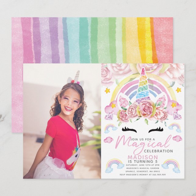 Invitation Unicorn Party Magique Anniversaire Photo (Devant / Derrière)