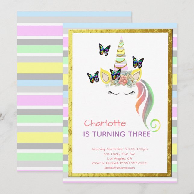 Invitation Unicorn Pastel Rainbow Butterflies Gold Anniversai (Devant / Derrière)