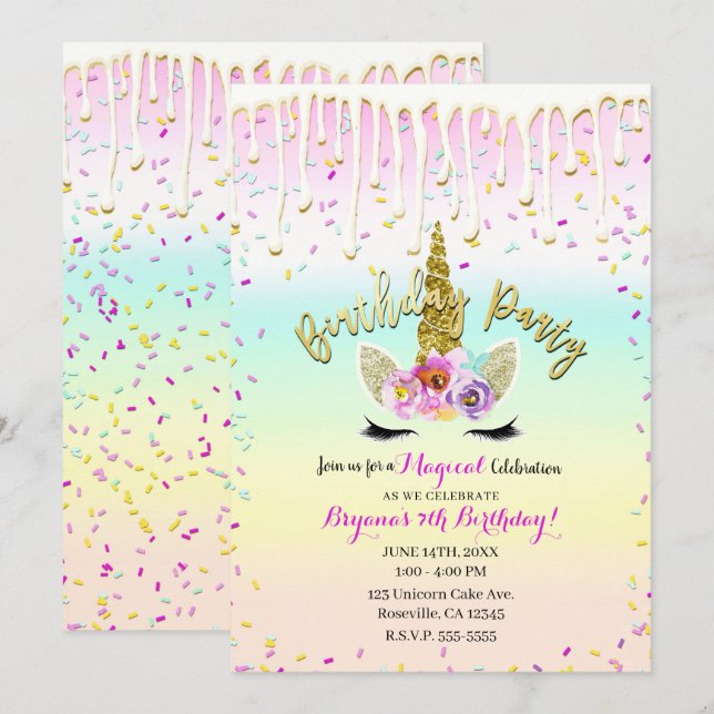 Invitation Unicorn Pastel Rainbow Frosting Dristing Birthday (Devant / Derrière)