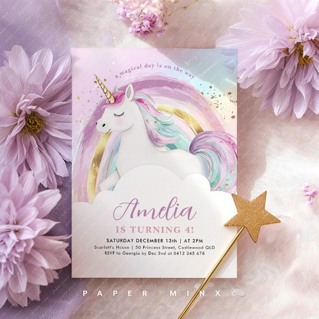 Invitation Unicorn Pastel Rainbow Girls Birthday (Girl's Unicorn Pastel Rainbow Birthday Invitation)