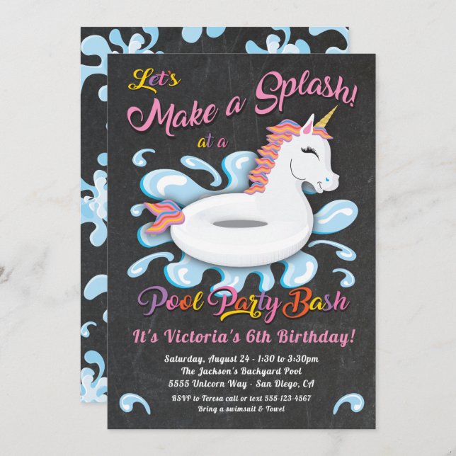 Invitation Unicorn Pool Party Anniversaire Bash (Devant / Derrière)