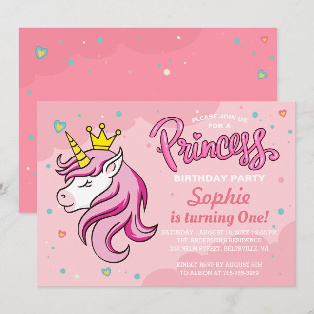 Invitation Unicorn Princess Girl Kids Baby Party (Devant / Derrière)