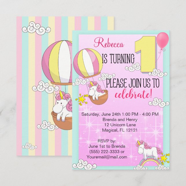 Invitation Unicorn Rainbow 1er Birthday Party (Devant / Derrière)