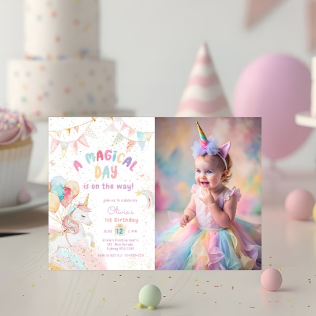 Invitation Unicorn Rainbow 1st Birthday Party Photo (Créateur téléchargé)
