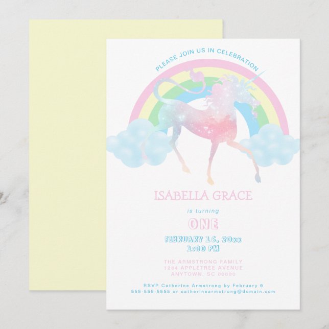 Invitation Unicorn Rainbow Baby Girl 1er anniversaire Invitat (Devant / Derrière)