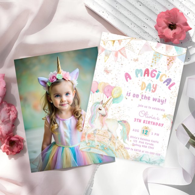 Invitation Unicorn Rainbow Cute Pastel Photo Anniversaire (Créateur téléchargé)