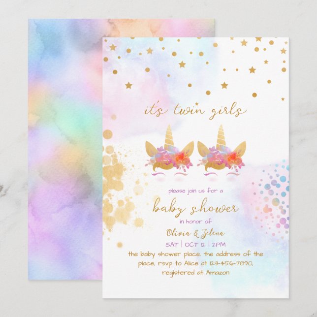 Invitation Unicorn Rainbow Gold Parties scintillant Twin Girl (Devant / Derrière)