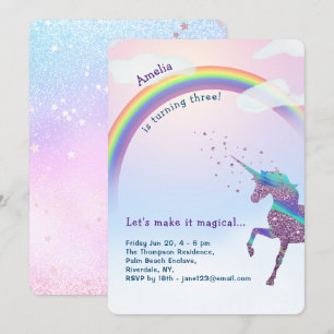 Invitation Unicorn Rainbow Parties scintillant étoiles Annive