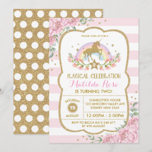 Invitation Unicorn Rainbow Pink Gold Floral Invita