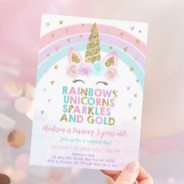 Invitation Unicorn Rainbow Sparkles Gold Anniversaire